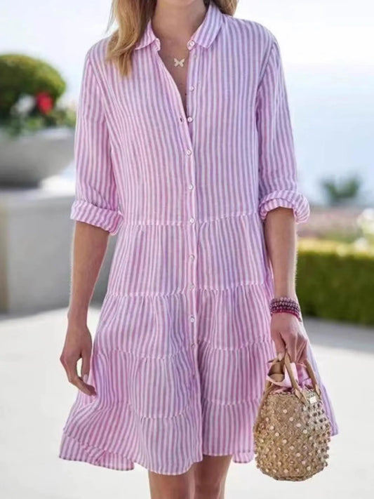 Full Size Striped Button-Down Shirt Dress with Tiered Ruffle Hem Plus Size - Pink - View 1