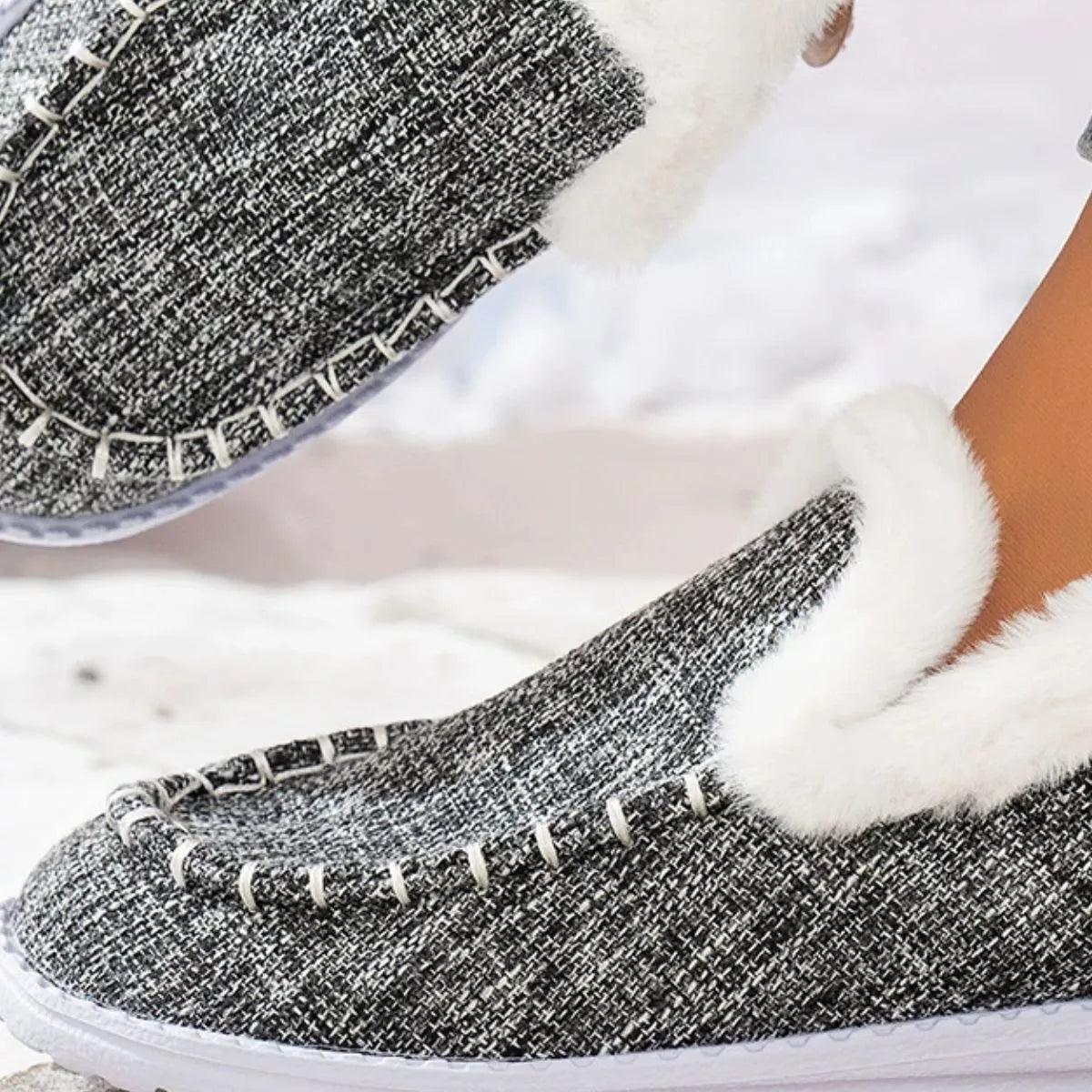 Faux Fur Lined Round Toe Shoes - Grey - View 2