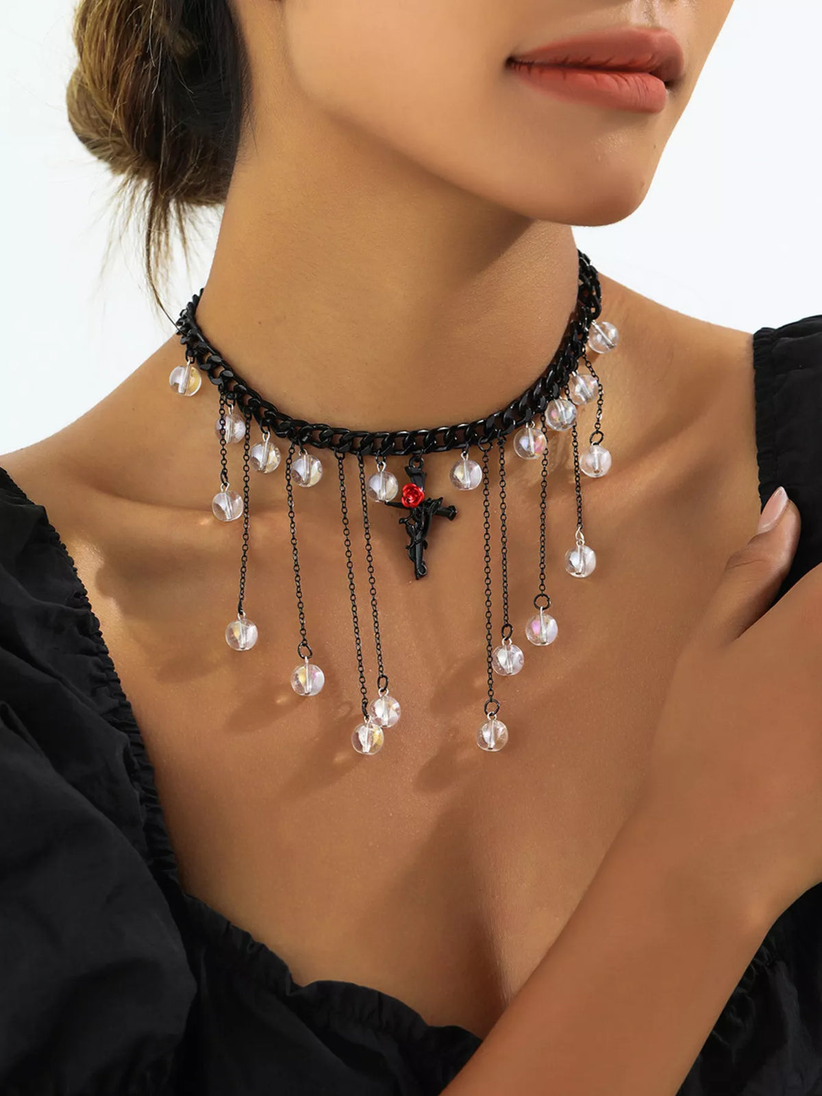 Gothic Rose Cross Dangle Necklace - Black - View 3