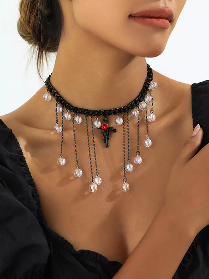 Gothic Rose Cross Dangle Necklace - Black - View 3