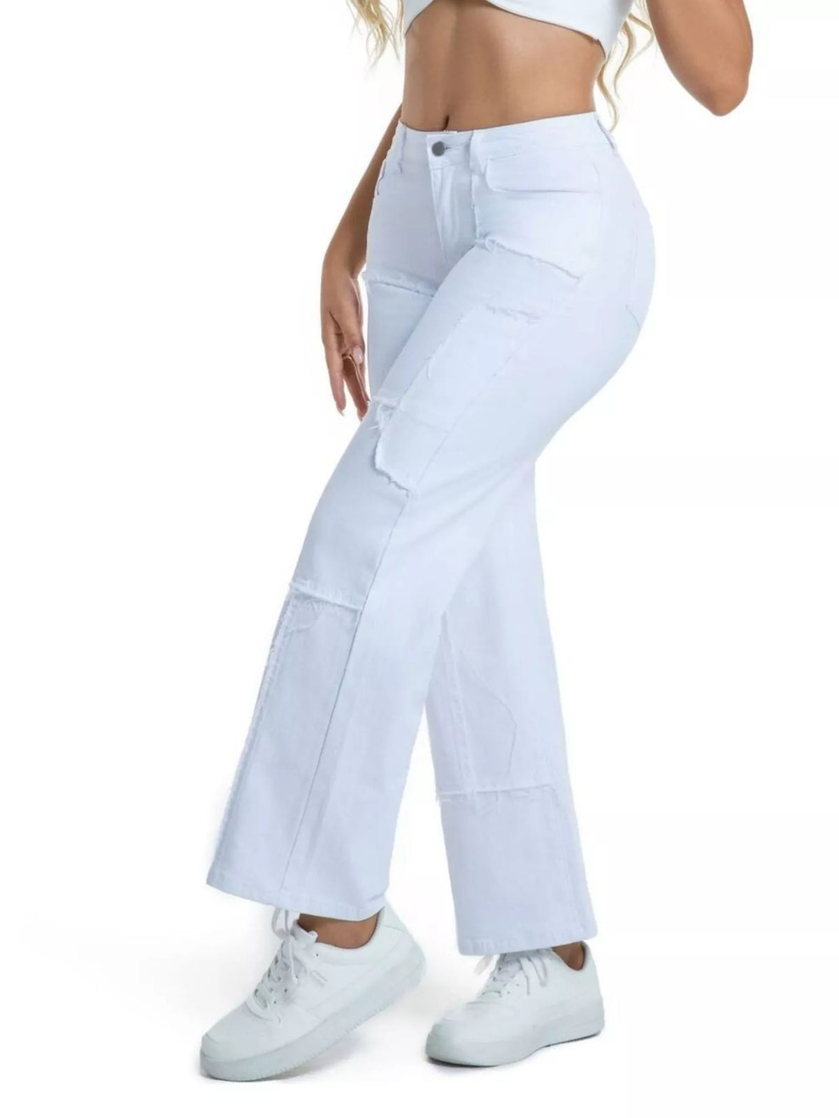 Frayed Edge Straight Leg Jeans - White - View 5