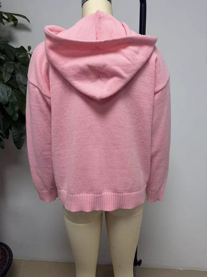Zip-Up Hooded Knit Cardigan - Pink - View 3