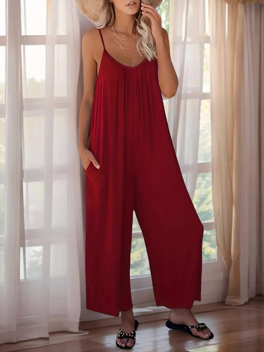 Scoop Neck Spaghetti Strap Jumpsuit - Burgundy - View 1