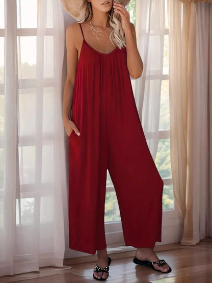 Scoop Neck Spaghetti Strap Jumpsuit - Burgundy - View 1