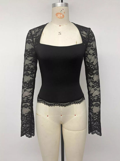 Lace Sleeve Square Neck Top - Black - View 7