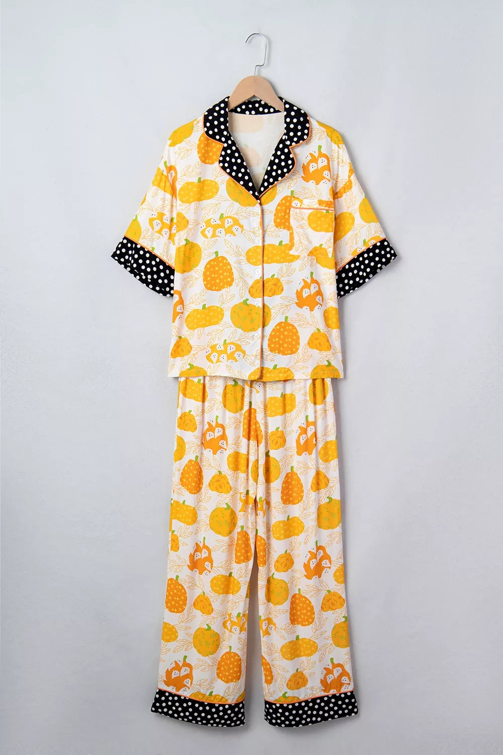Short Sleeve Pumpkin Print Polka Dot Trim Pocket Placket Lounge Set - Sherbet - View 6