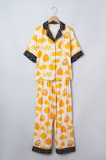 Short Sleeve Pumpkin Print Polka Dot Trim Pocket Placket Lounge Set - Sherbet - View 6