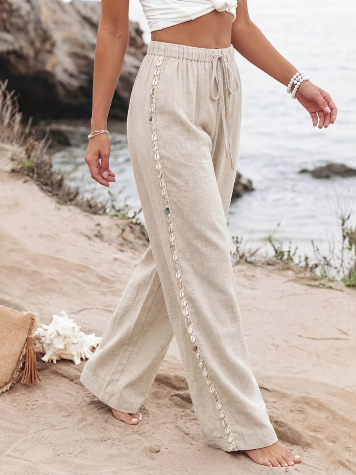 Drawstring Wide Leg Pants - Khaki - View 3