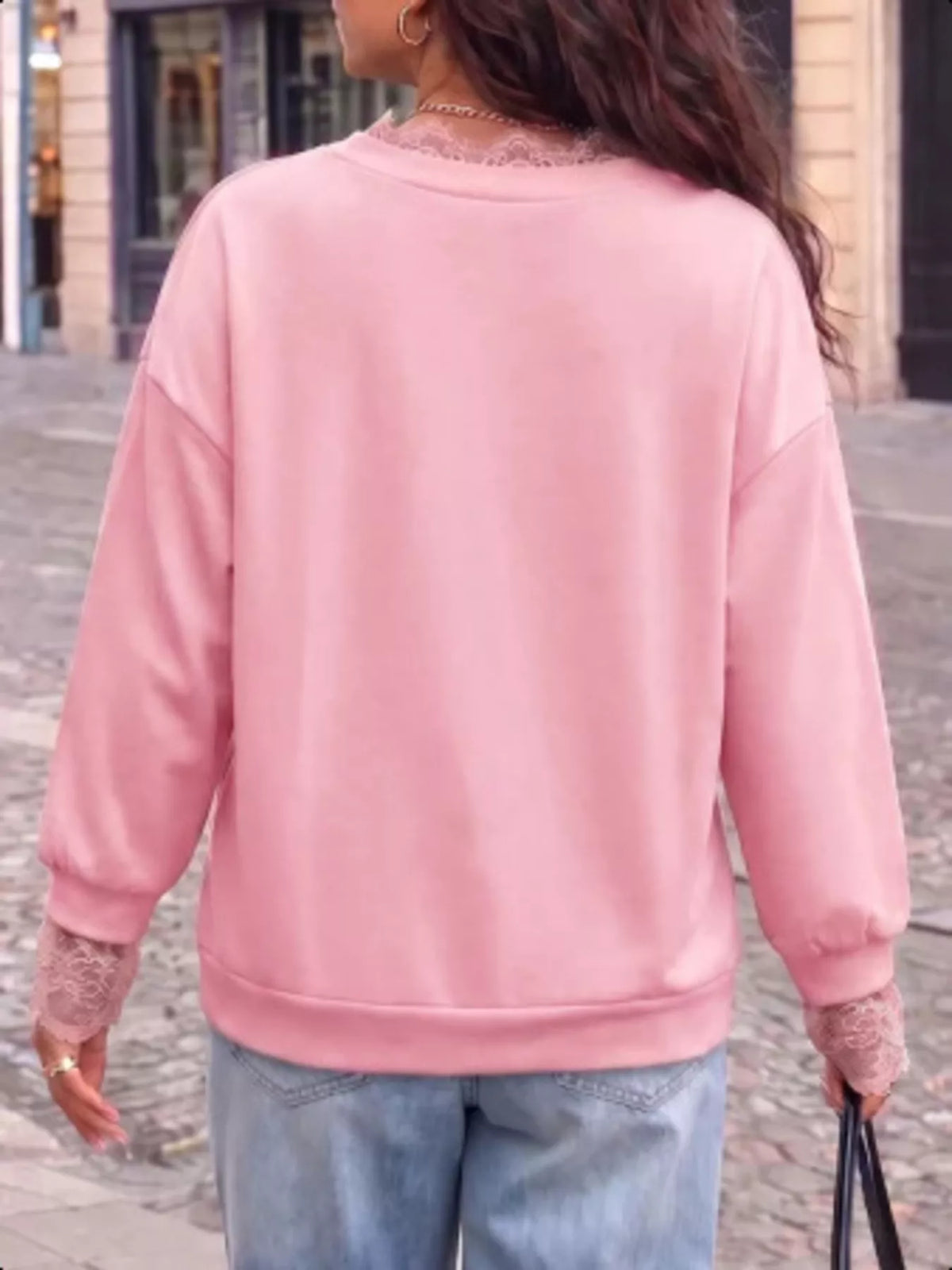 Lace Trim Split Sleeve Sweatshirt - Pink - View 3