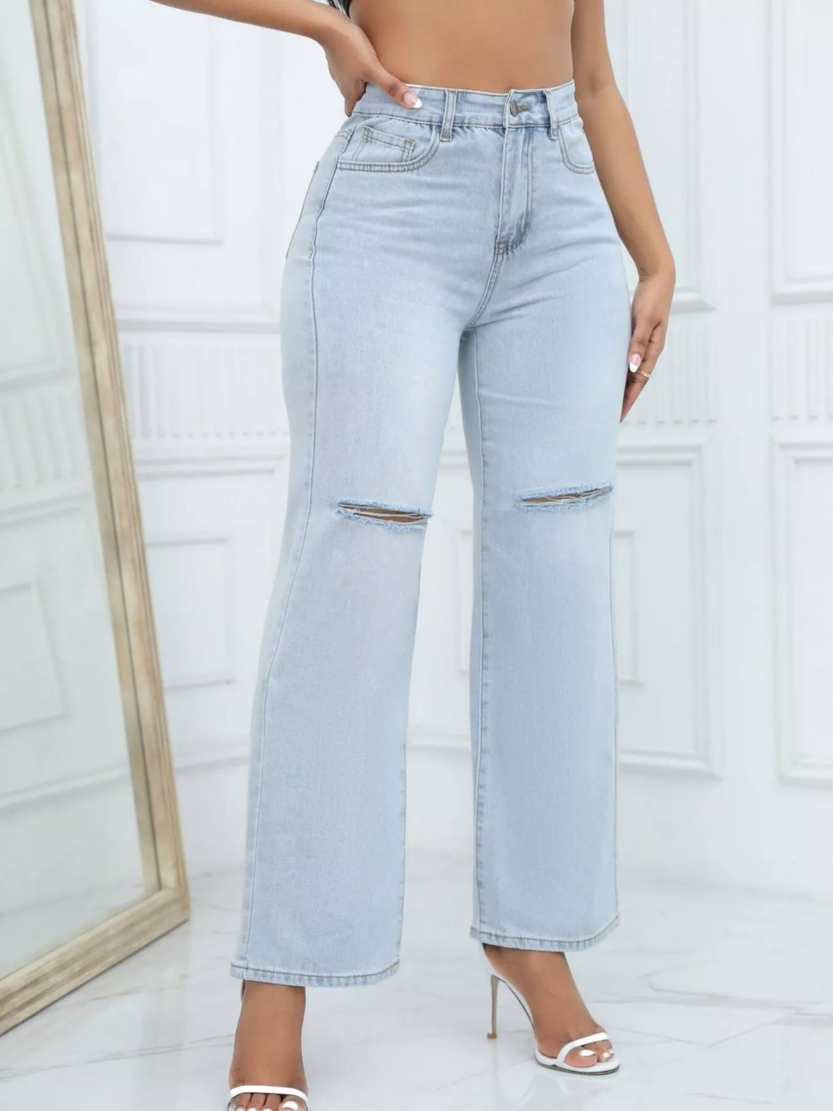 Distressed Wide-Leg Jeans - Light Blue - View 1