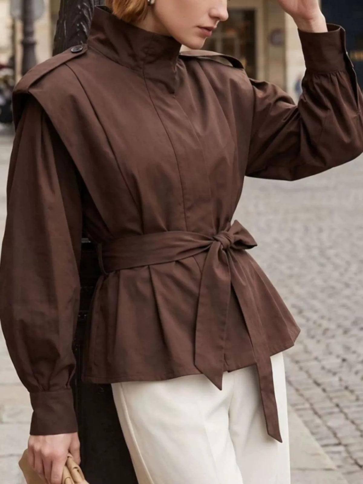 Stand-Collar Belted Outerwear - Brown - View 2