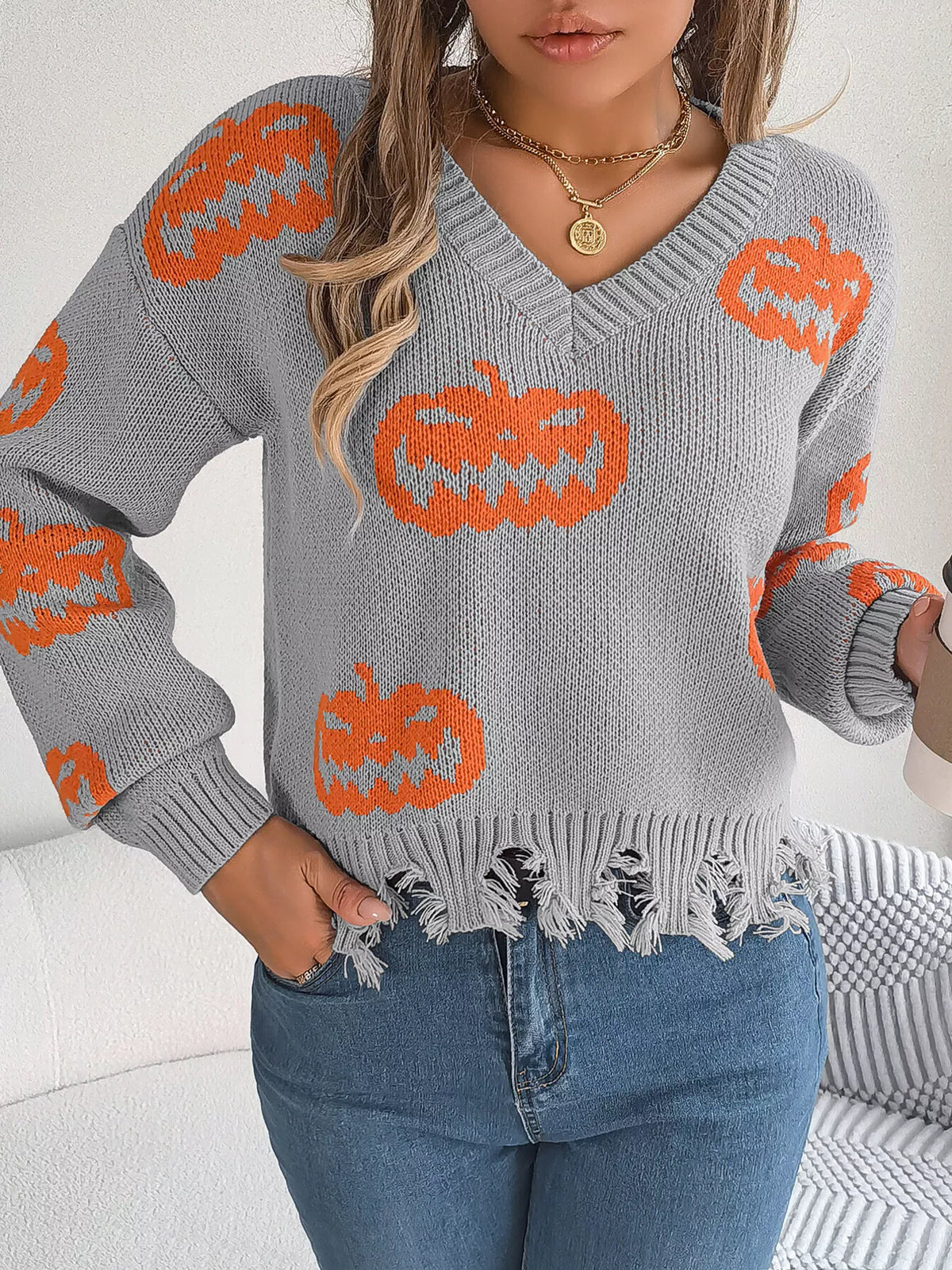 Pumpkin Distressed Hem Sweater - Gray - View 4