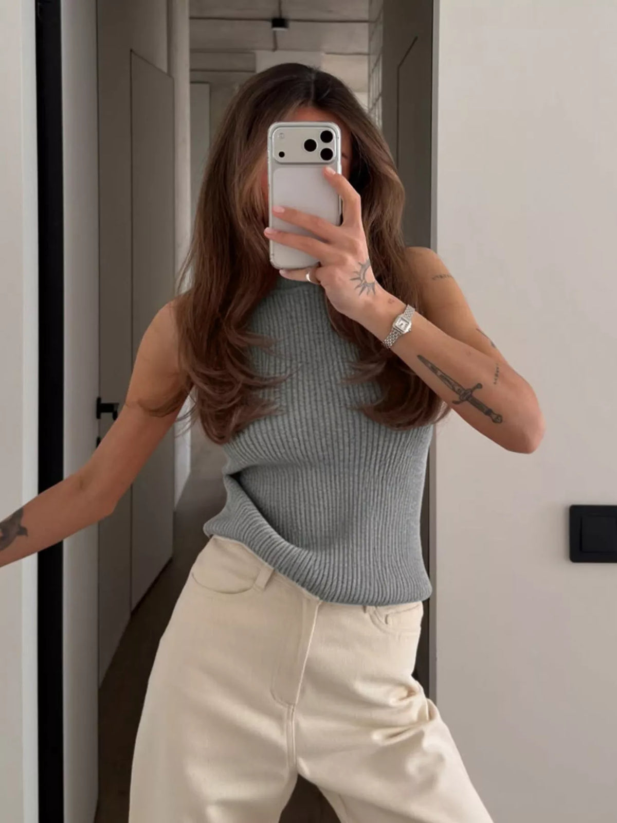 Halter Neck Sweater Tank - Dark Gray - View 1