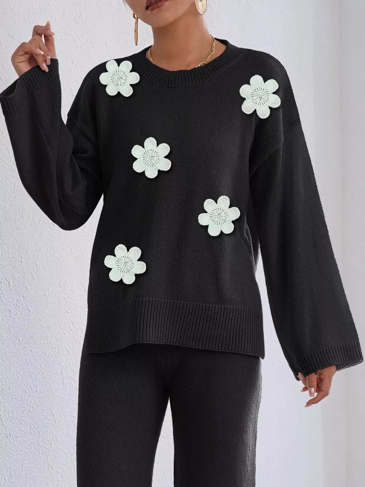 Floral Applique Crew Neck Sweater - Black - View 2