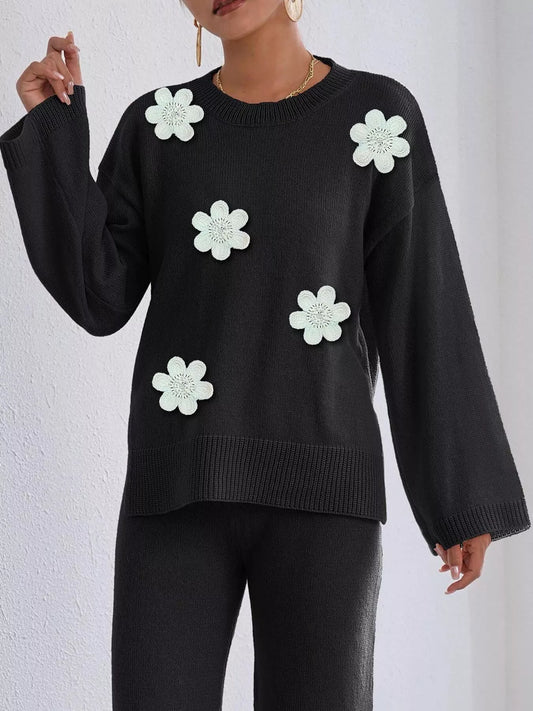 Floral Applique Crew Neck Sweater - Black - View 2