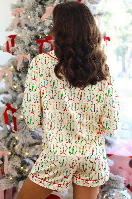 Beige Nutcracker Print Contrast Trim Tied up Bow Silky 2pcs Pajama Set - Beige - 2