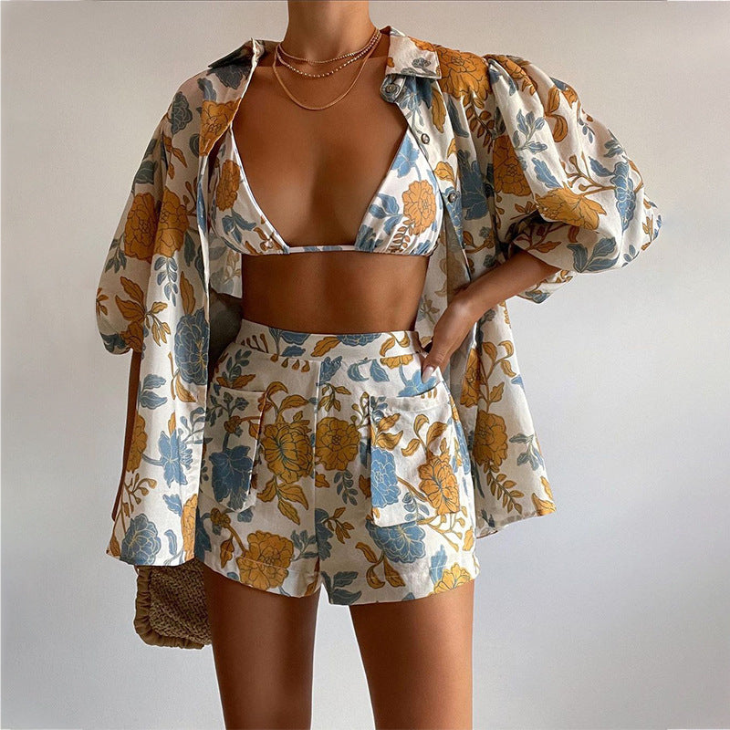 Women's Shirt + Strap Tank Top + Shorts Three-Piece Set