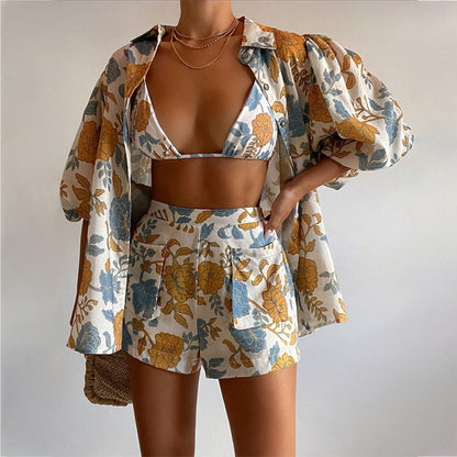 Women's Shirt + Strap Tank Top + Shorts Three-Piece Set