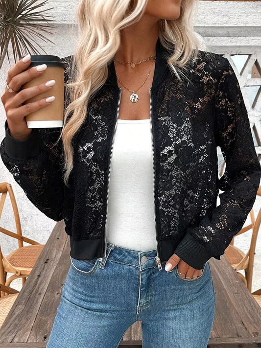 Sheer Lace Zip Up Jacket - Black - View 1