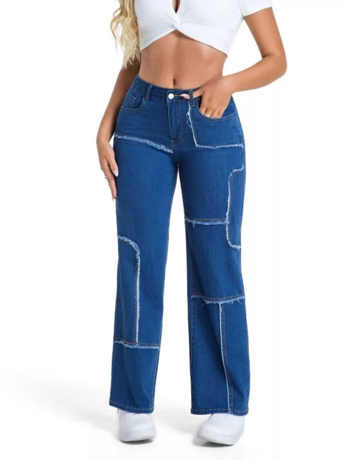 Frayed Edge Straight Leg Jeans - Medium Blue - View 3