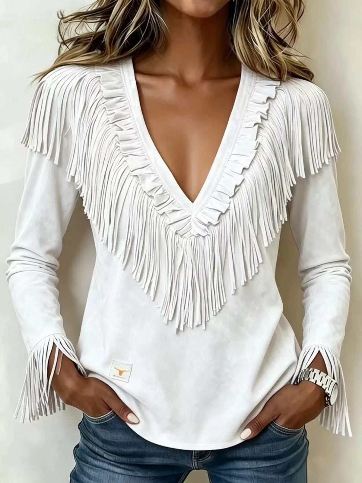 Fringed V-Neck Blouse - Light Blue - View 4