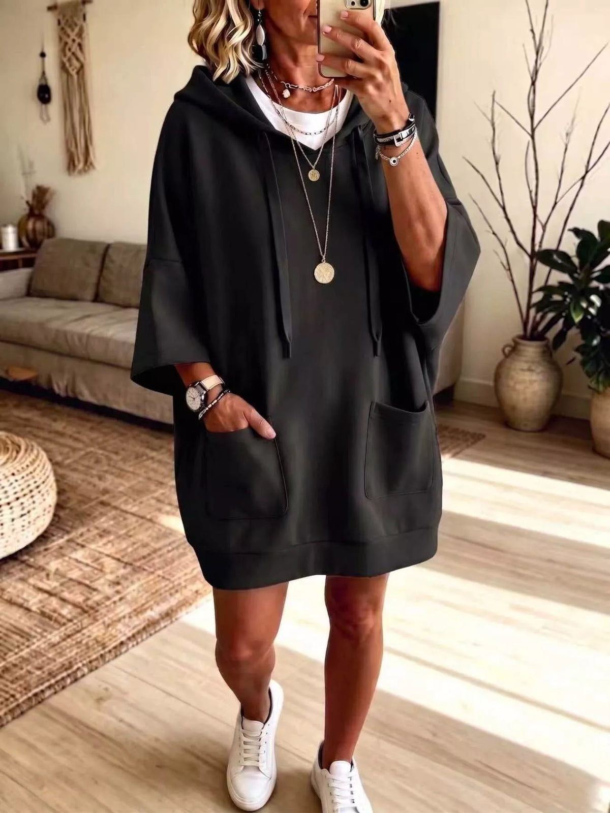Full Size Drawstring Oversized Front Pockets Oversized Hoodie Plus Size - Black - View 1