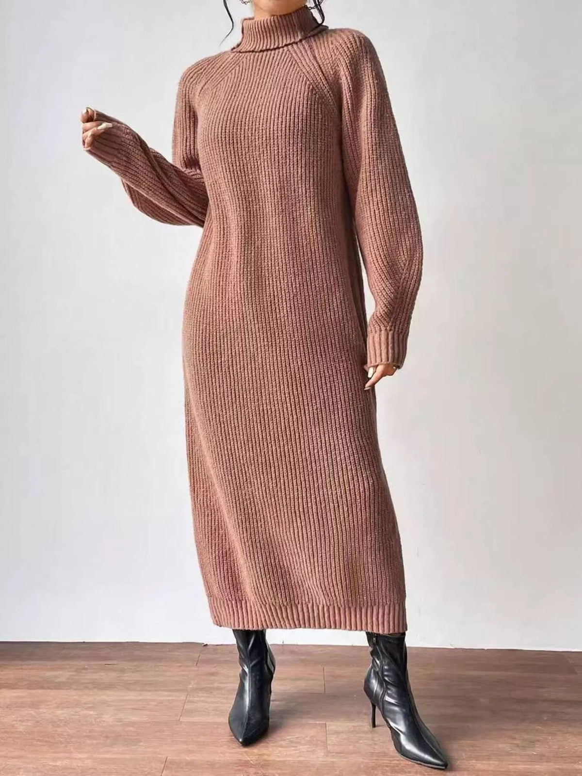 Turtleneck Ribbed Knit Midi Sweater Dress - Camel - View 1