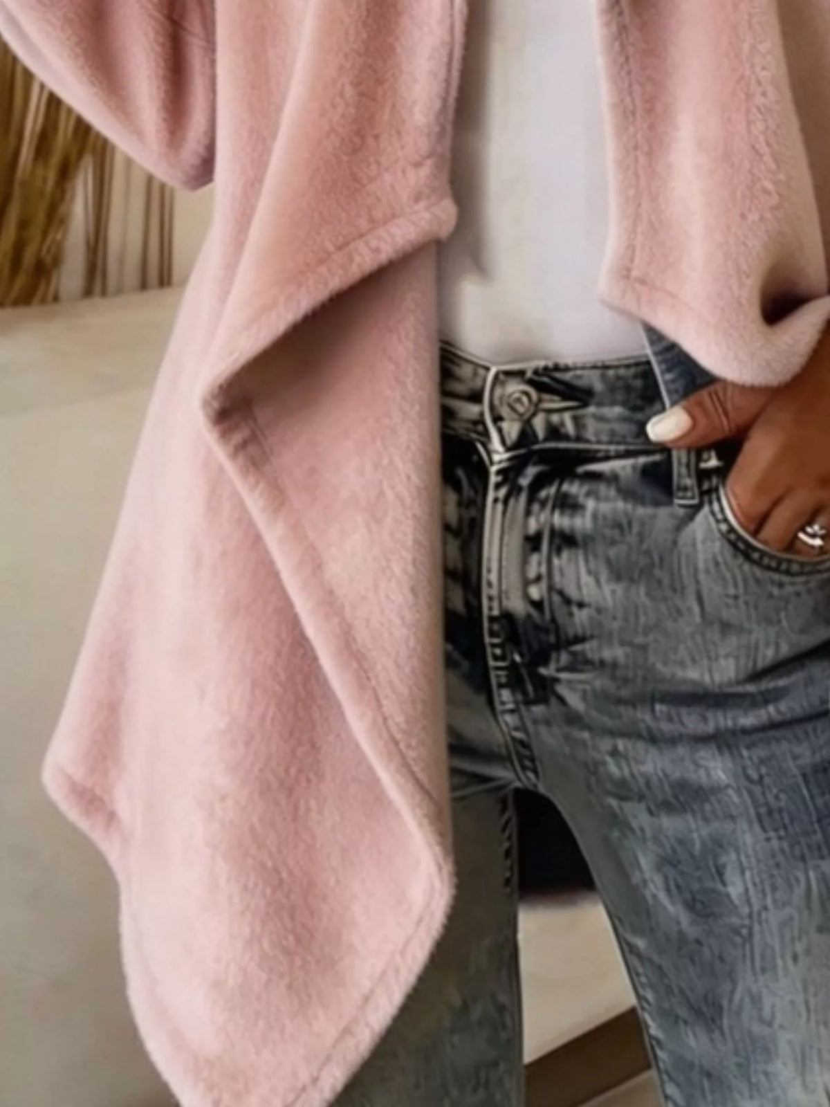 Full Size Fleece Waterfall Collar Outerwear Plus Size - Pink - View 6
