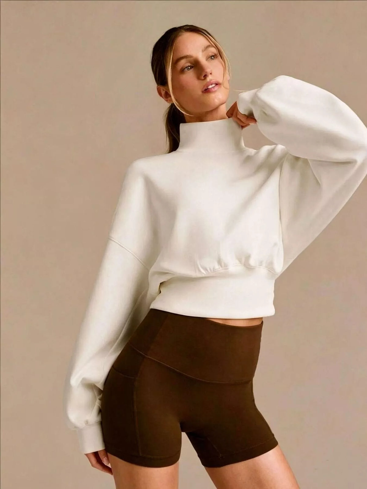 Turtleneck Dropped Shoulder Sweatshirt - White - View 2