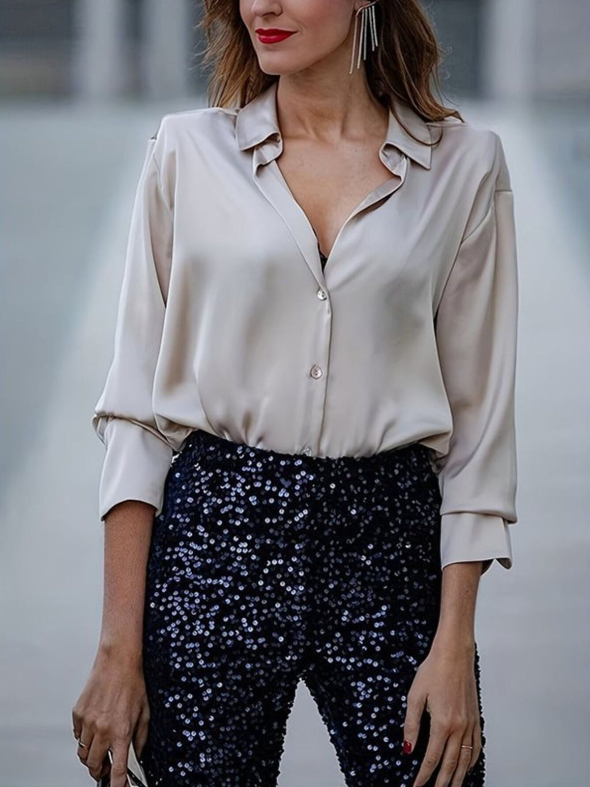 Collared Neck Button Up Shirt - Beige - View 1