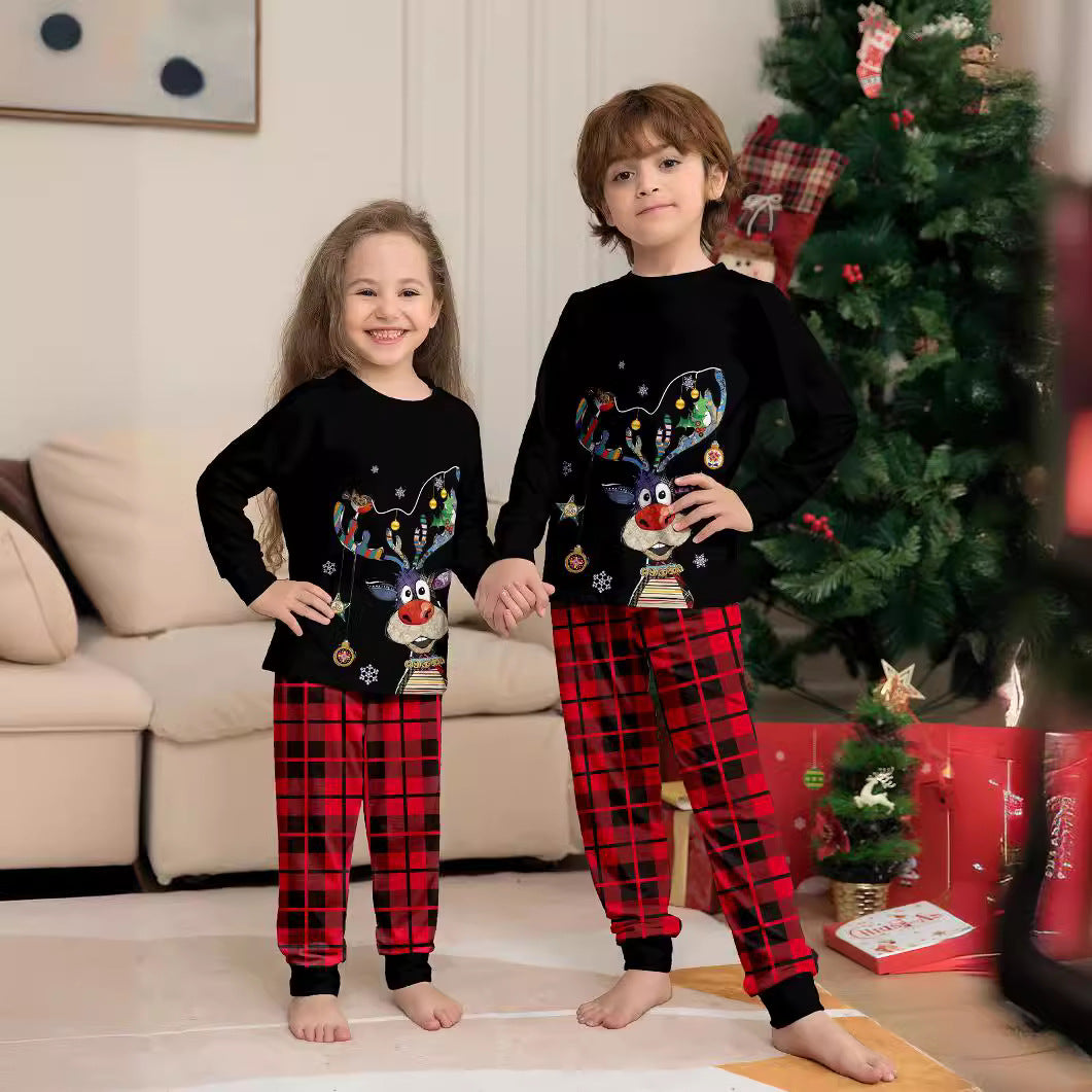 Christmas Deer Print Family Matching Pajama Set, Plaid Pattern, Casual Home Wear