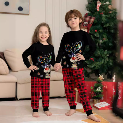 Christmas Deer Print Family Matching Pajama Set, Plaid Pattern, Casual Home Wear
