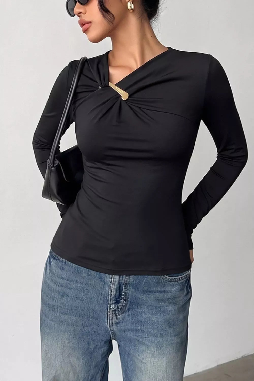 Slim Fit Long Sleeve Top - Black - View 2