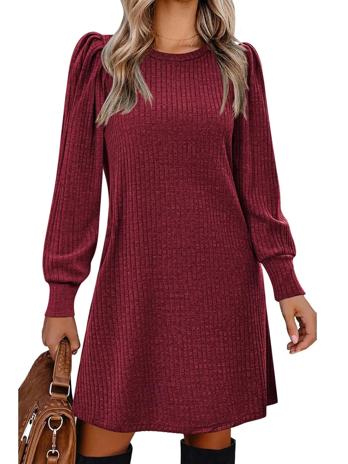 Puff Sleeve Ribbed Knit Dress with Pockets - Burgundy - View 4