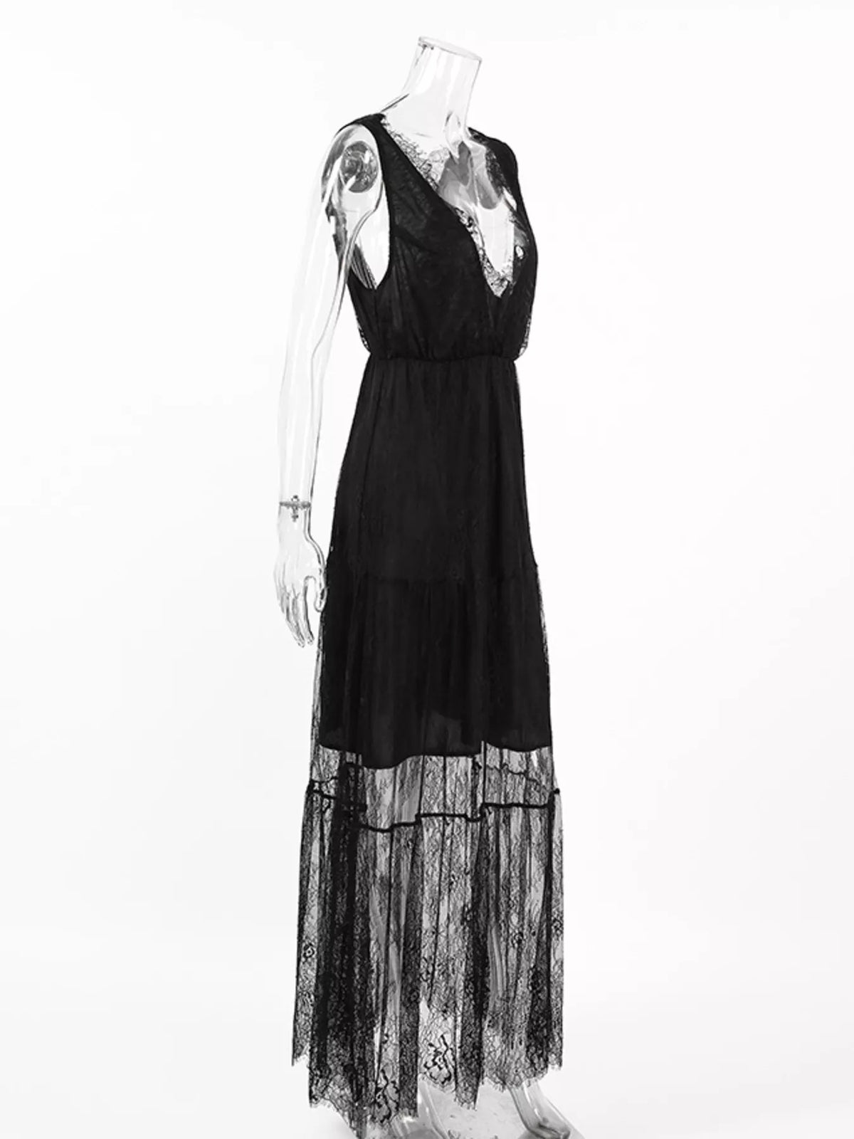 Lace V-Neck Sleeveless Maxi Dress - Black - View 6