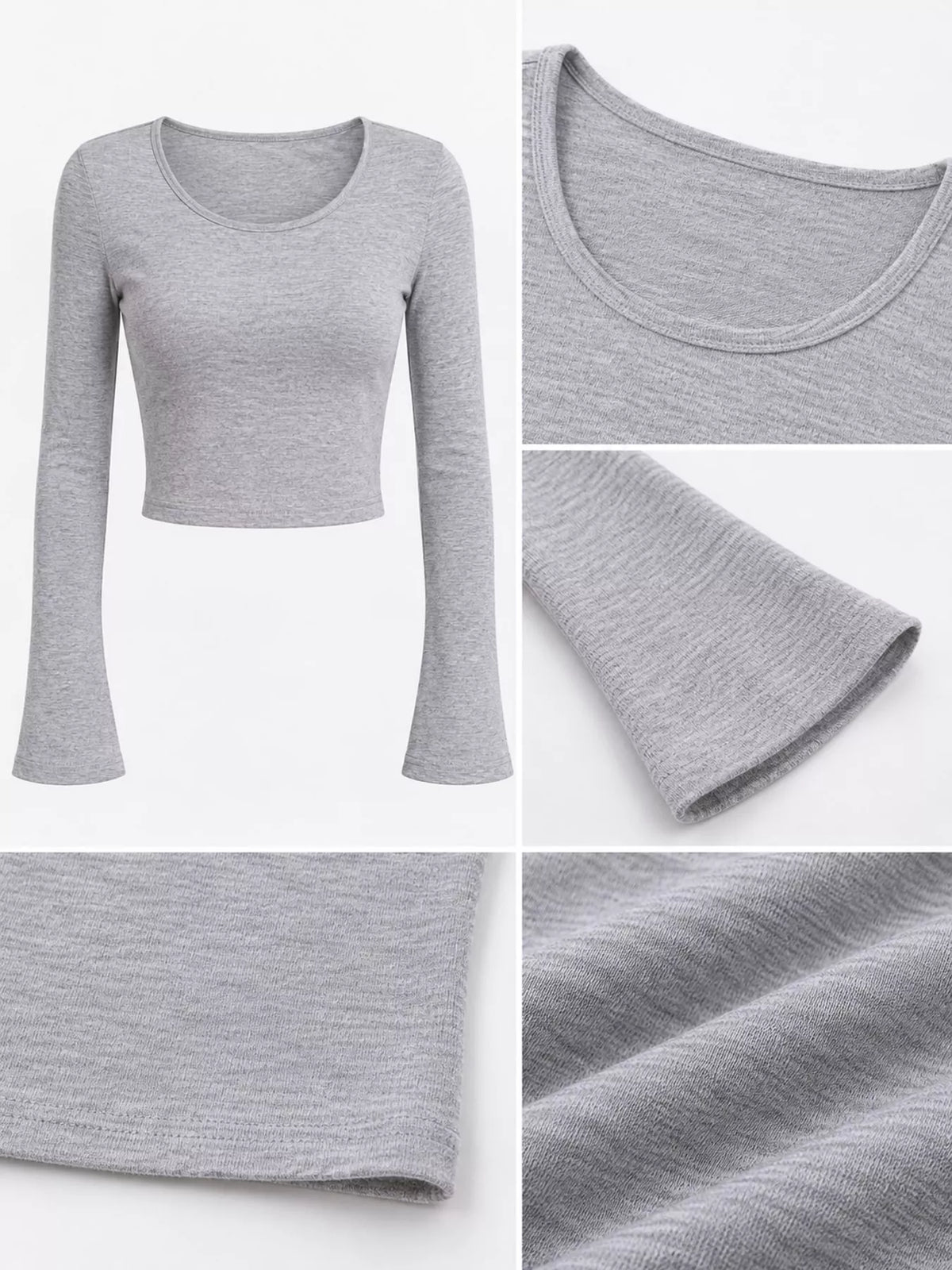 Slim-Fit Long Sleeve U-Neck Cropped T-Shirt - Gray - View 12