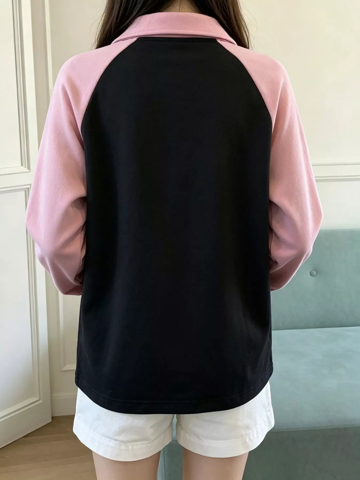Heart Embroidery Lace-Up Detail Polo Collar Sweatshirt - Black - View 4