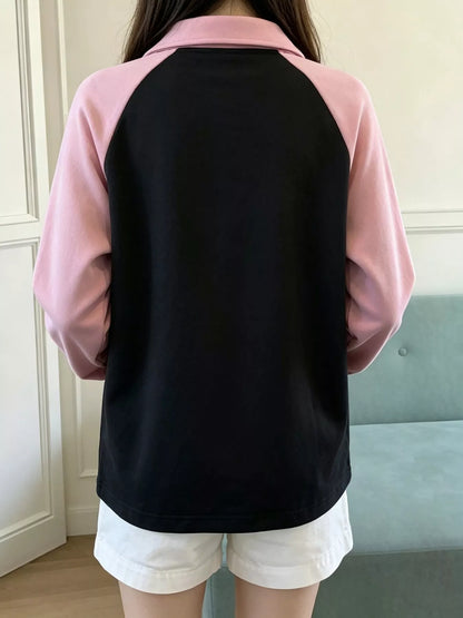 Heart Embroidery Lace-Up Detail Polo Collar Sweatshirt - Black - View 4