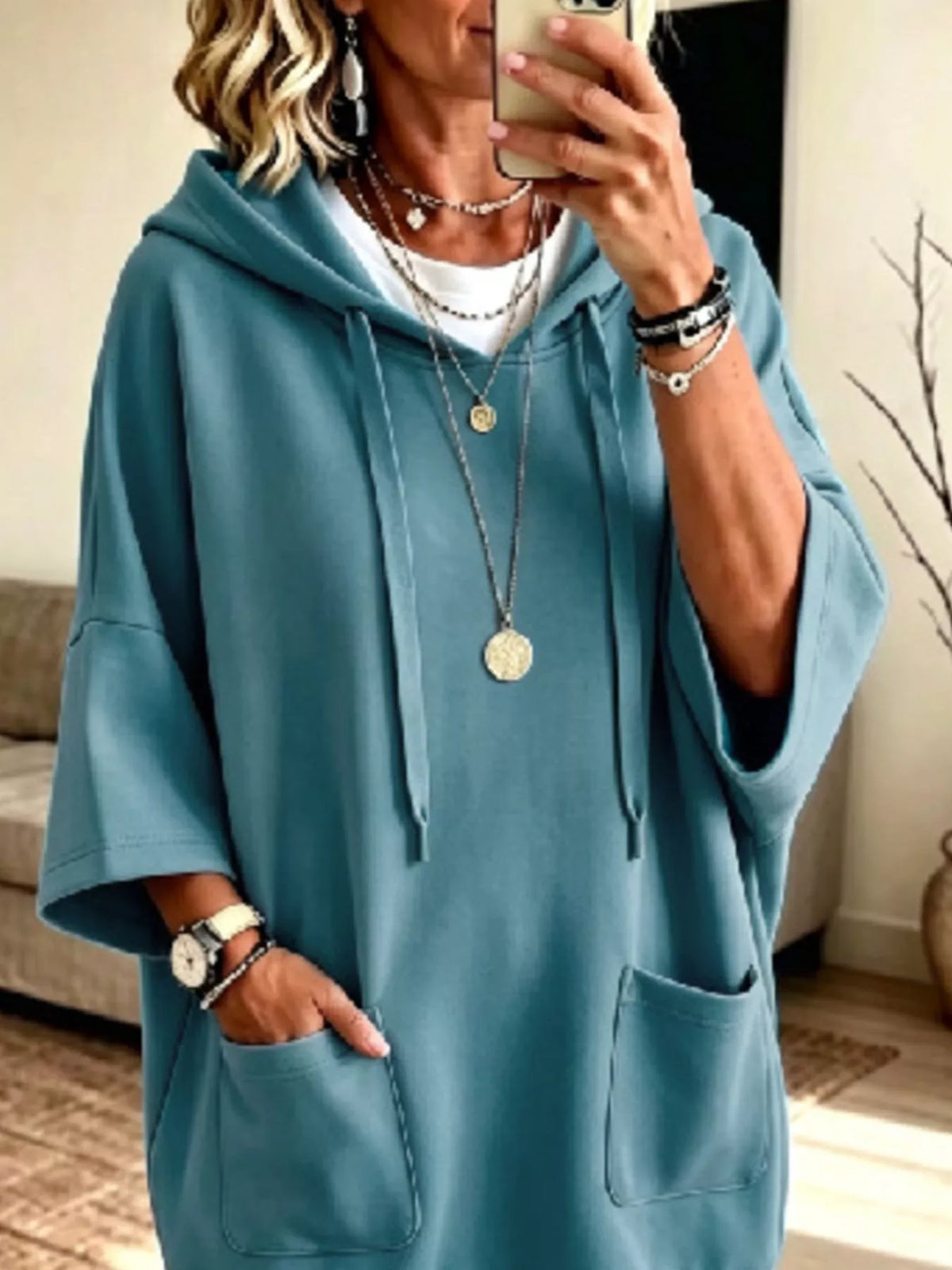 Full Size Drawstring Oversized Front Pockets Oversized Hoodie Plus Size - Turquoise - View 2
