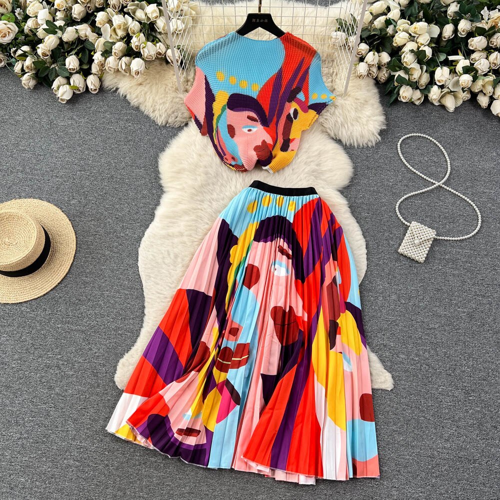 [EWQ] Elegant Short sleeved women's shirt+high waisted pleated skirt trend  2-piece set Summer vacation party clothing
