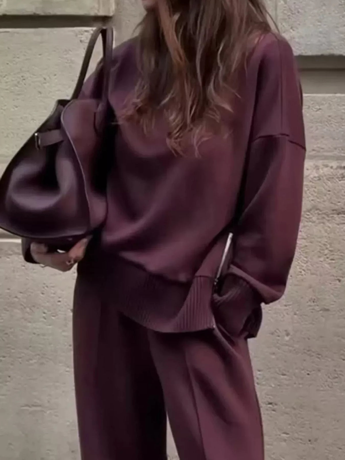 Dropped Shoulder Sweatshirt and Wide-Leg Pants Set - Burgundy - View 3