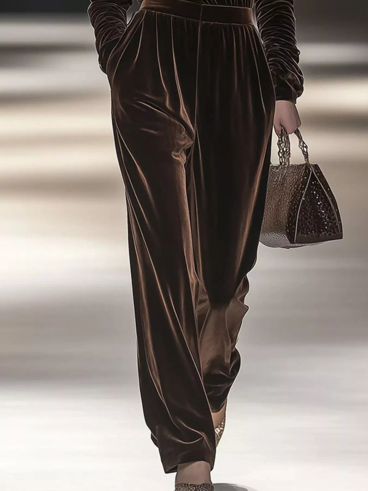 Full Size Velvet Turtleneck Long Sleeve Top and Wide-Leg Pants Set Plus Size - Dark Brown - View 3