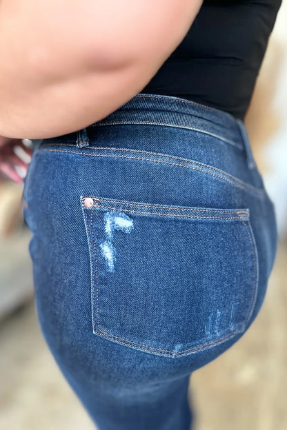 Judy Blue Full Size High Waist Rigid Magic Heavy Destroy Straight Jeans - Dark - View 7