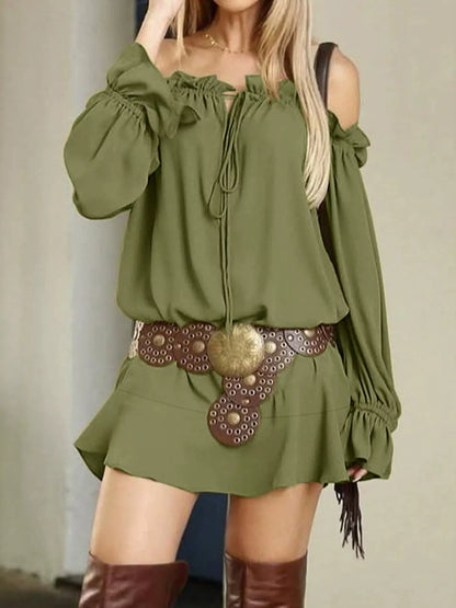 Off-Shoulder Long Sleeve Ruffle Mini Dress - Green - View 1
