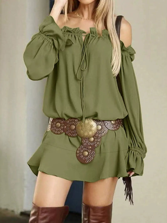 Off-Shoulder Long Sleeve Ruffle Mini Dress - Green - View 1