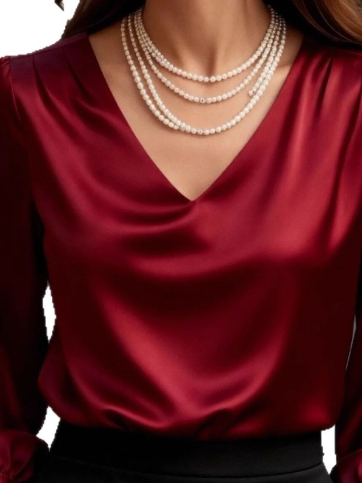 Satin V-Neck Long Sleeve Blouse - Red - View 6