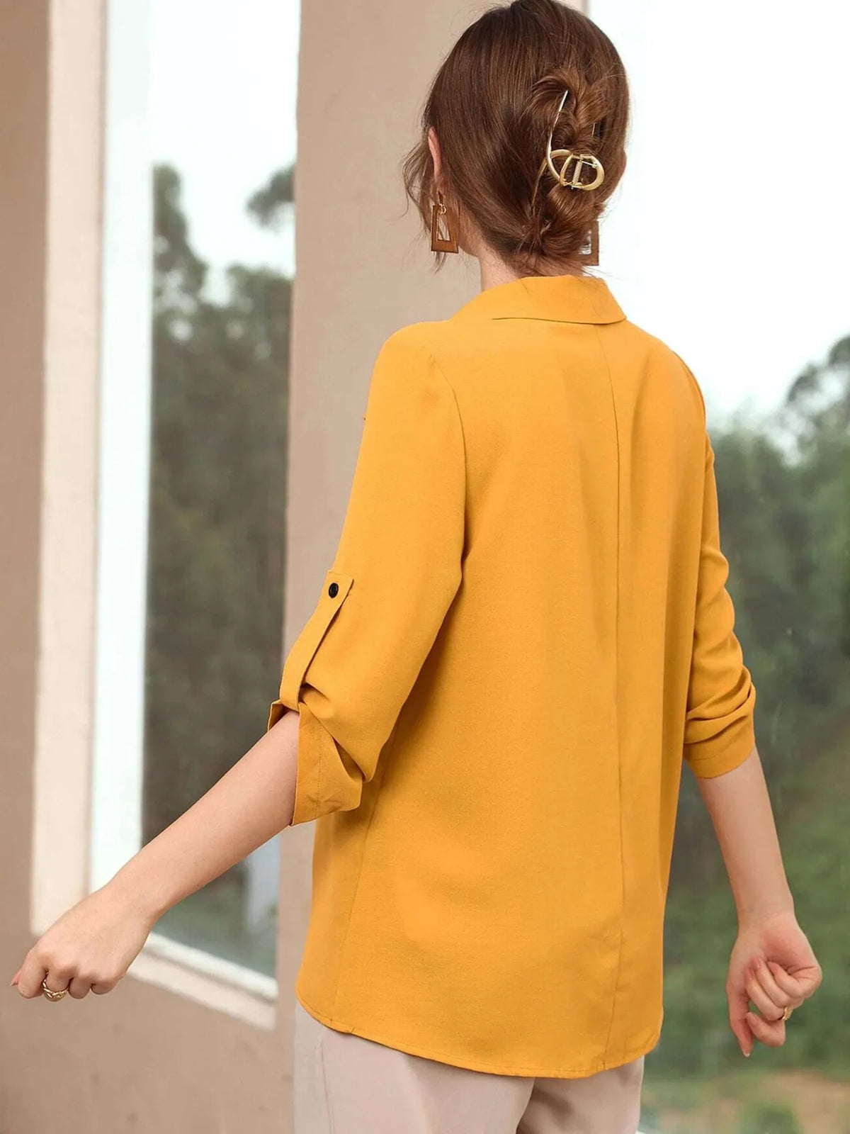 Collared Neck Half Sleeve Blouse - Yellow - View 4