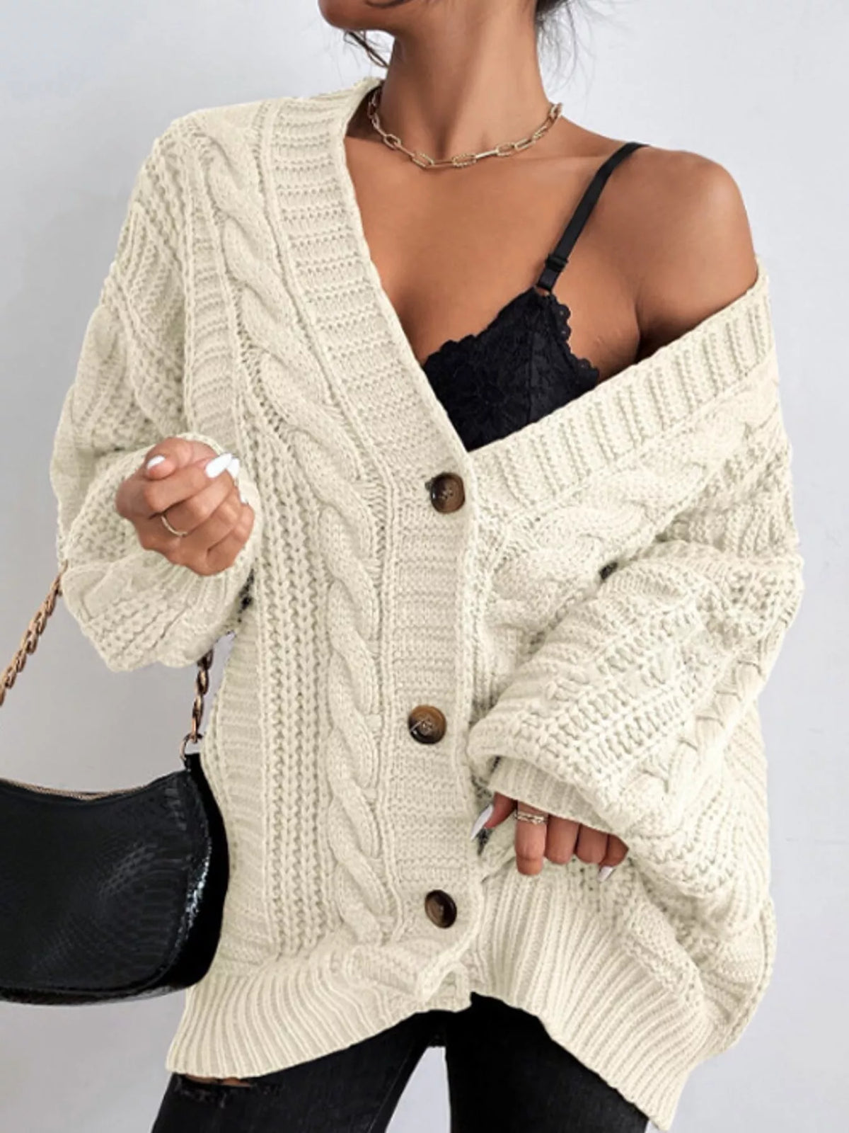 Cable Knit Button-Down Cardigan - Off-White - View 11
