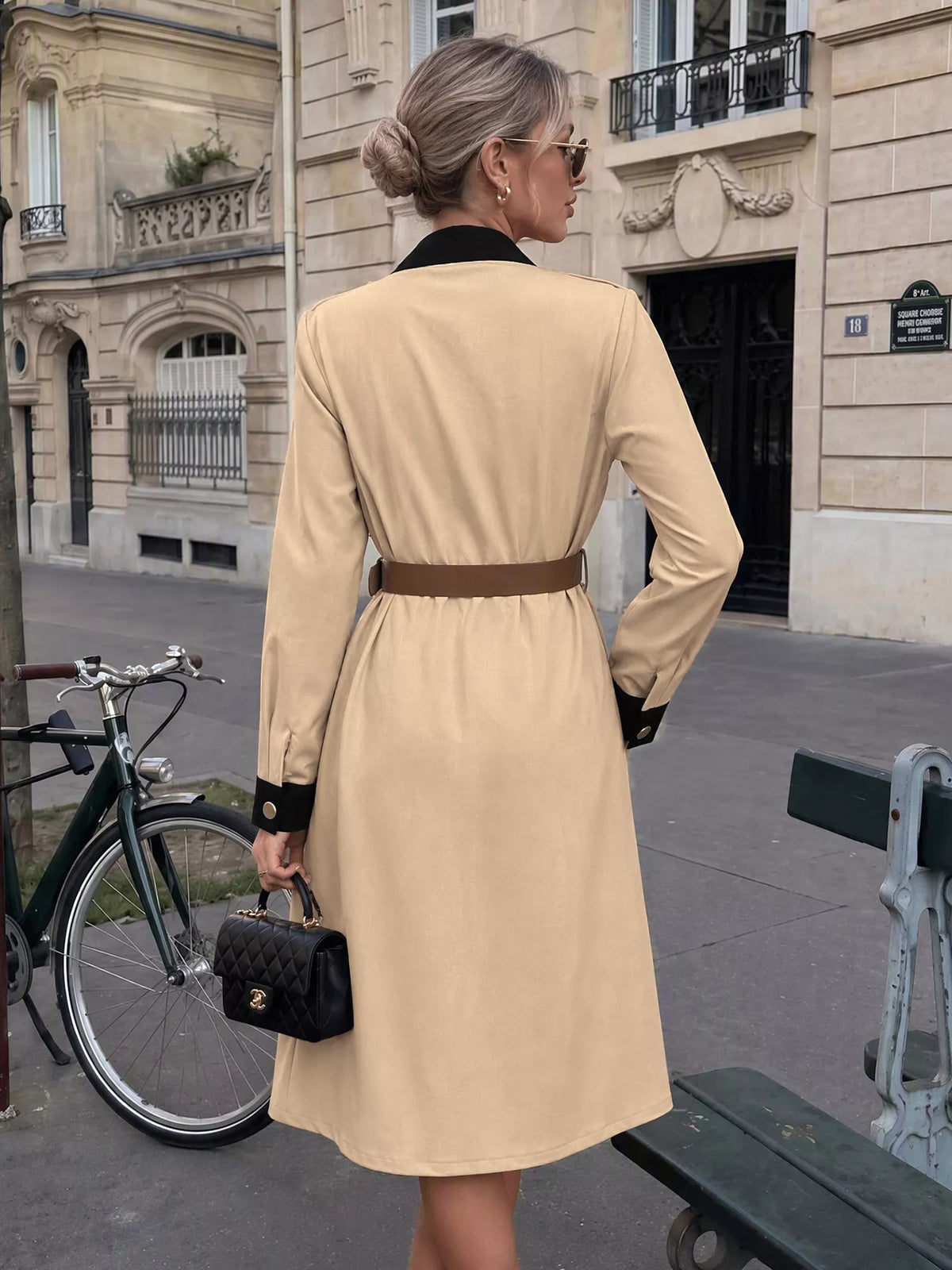Contrast Lapel Button Front Midi Shirt Dress - Khaki - View 5