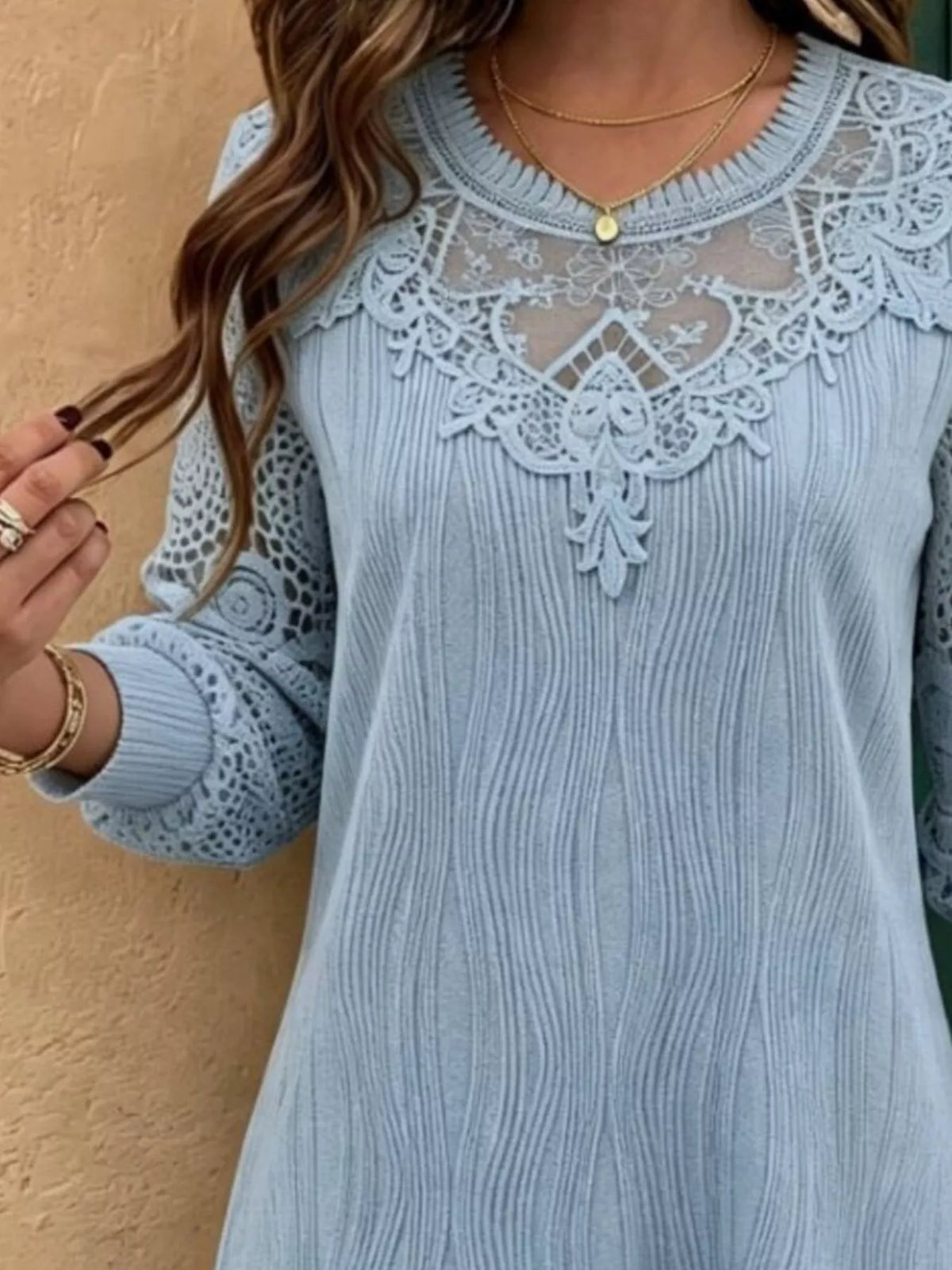 Lace Patchwork Long Sleeve Blouse - Light Blue - View 2